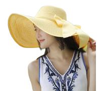 Wide Floppy Women Brim Beach Bowknot Folding Hat Straw Brim Sun Hats Big Cap Baseball Caps (Yellow, One Size)
