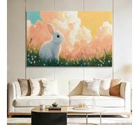 Wide Framed Canvas Wall Art, Watercolor Meadow White Rabbit Dreamy Landscape Decor Poster Prints for Above Bed, Hallway Wall Canvases Artwork Decor - 120x60 cm