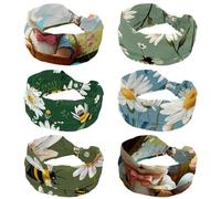 Wide Headbands for Women, 6 Pack Yoga Workout Sweat Headbands, White Daisy with Bees Green Background Elastic No Slip Hair Bands, Twisted Knot Headwraps