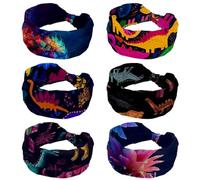 Wide Headbands for Women, Colorful Hand Drawn Dinosaur Pattern (8) Turban Headband Hairband Hair Twisted Knot Accessories, 6 Pack
