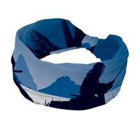 Wide Headbands for Women Japanese Kendo Silhouette Night Lake Blue Elastic Turban Headband Non Slip Hair Band, Sweat Workout Head Bands Fashion Head Wraps Hair Accessories