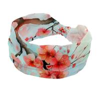 Wide Headbands for Women, Pink Blossom Cherry Flower Blue Background Non Slip Turban Headband, Elastic Hair Bands Yoga Hairband, Sweat Sports Workout Headwrap