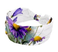 Wide Headbands for Women, Stretchy Thick Turban Non-Slip Accessories Bands for Workout Skincare Daily Use - Wildflowers Bouquet with Purple Bluebell Chamomile and Butterflies