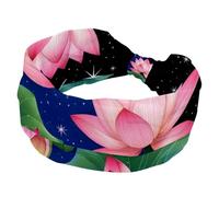 Wide Headbands for Women, Stretchy Thick Turban Non-Slip Accessories Bands for Workout Skincare Daily Use - Mystical Lotus Flowers and Flying Dragonflies