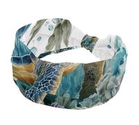 Wide Headbands for Women, Stretchy Thick Turban Non-Slip Accessories Bands for Workout Skincare Daily Use - Undersea Sea Turtle with Leaves Bubbles and Coral Starfish