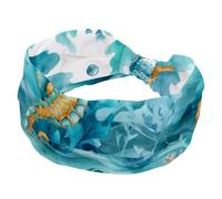 Wide Headbands for Women, Stretchy Thick Turban Non-Slip Accessories Bands for Workout Skincare Daily Use - Seahorse with Leaves Bubbles and Coral Starfish