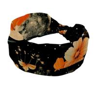Wide Headbands for Women, Stretchy Thick Turban Non-Slip Accessories Bands for Workout Skincare Daily Use - Orange Butterfly Moon Botanical Floral Plant
