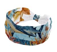 Wide Headbands for Women, Stretchy Thick Turban Non-Slip Accessories Bands for Workout Skincare Daily Use - Ocean Shark with Leaves Bubbles and Coral Starfish
