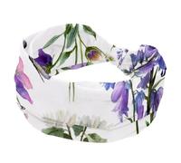 Wide Headbands for Women, Stretchy Thick Turban Non-Slip Accessories Bands for Workout Skincare Daily Use - Purple Bluebell Flowers Sage and Chamomile with Butterflies