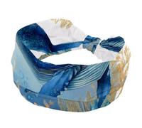 Wide Headbands for Women, Stretchy Thick Turban Non-Slip Accessories Bands for Workout Skincare Daily Use - Whale Sea Blue Algae with Leaves Bubbles and Coral Starfish