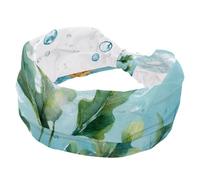 Wide Headbands for Women, Stretchy Thick Turban Non-Slip Accessories Bands for Workout Skincare Daily Use - Watercolor Sea Algae with Green Leaves Bubbles and Starfish