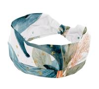 Wide Headbands for Women, Stretchy Thick Turban Non-Slip Accessories Bands for Workout Skincare Daily Use - Dolphin Sea Blue Algae with Leaves Bubbles and Starfish