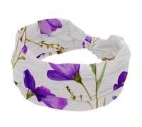 Wide Headbands for Women, Stretchy Thick Turban Non-Slip Accessories Bands for Workout Skincare Daily Use - Purple Wildflowers with Thin Green Stems Pattern
