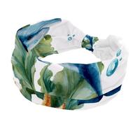 Wide Headbands for Women, Stretchy Thick Turban Non-Slip Accessories Bands for Workout Skincare Daily Use - Ocean Dolphin Sea Blue Algae with Leaves Bubbles and Starfish