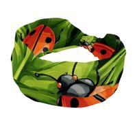 Wide Headbands for Women, Stretchy Thick Turban Non-Slip Accessories Bands for Workout Skincare Daily Use - Cute Lady Bugs on Green Palm Leaves