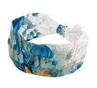 Wide Headbands for Women, Stretchy Thick Turban Non-Slip Accessories Bands for Workout Skincare Daily Use - Watercolor Jellyfish Blue Algae with Leaves Bubbles and Starfish
