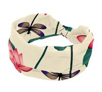 Wide Headbands for Women, Stretchy Thick Turban Non-Slip Accessories Bands for Workout Skincare Daily Use - Lotus Flowers and Flying Dragonflies