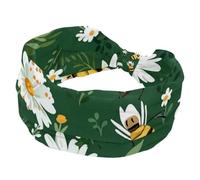 Wide Headbands, White Daisy Bees with Green Background Hairbands for Women, Stretchy Headband, Elastic Head Wrap Hair Accessories, Twisted Cross Hairband