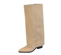 Wide Knee High Boots Women, Women’s Fold Over Knee High Boots Heels Pointed Toe Chunky Block Heel Patent Leather Dress Booties Elegant Party Boot Pull On Versatile Going Out Heels for Lady Khaki