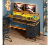 Wide LED Computer Desk with Monitor Stand USB Ports Fabric Drawers VASAGLE Brown One Size