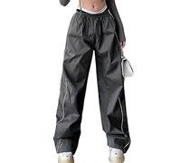 Wide Leg Cargo Trousers Women Side Stripe Parachute Pants High Waisted Straight Leg Trousers Baggy Cargos Trousers Harajuku Style Y2K Grunge Pants Streetwear (A 01-Darkgrey, XL)