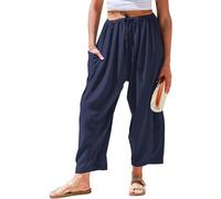 Wide Leg Cropped Trousers for Women UK Elasticated High Waist 3/4 Length Harem Pants Baggy Loose Hippie Bottom Ladies Casual Lightweight Summer Boho Lounge Palazzo Beach Slacks with Pockets Navy