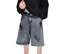 Wide Leg Denim Shorts Men Women Long Jean Shorts Knee-Length Y2K Baggy Harajuku Streetwear (Color : Black, Size : L)