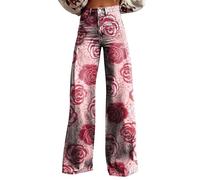 Wide Leg High Waisted Trousers, Ladies High Waisted Pants Casual Trousers Flower Patterned Pants Flared Pant Loose Long Trouser Casual Trouser Full Length Comfortable Summer Pant with Pockets Pink