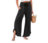 Wide Leg High Waisted Trousers, Ladies Palazzo Pants Buttons Cotton Linen Trousers Pleated Flowy Solid Casual Trouser with Pocketsbeach Pant Summer Walking Pant for Holiday Beach Party Black