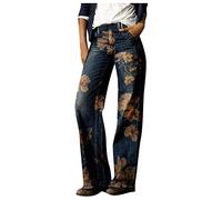 Wide Leg Jeans for Women UK Elasticated Waist Floral Print Denim Trousers Stretchy Baggy Trendy Flare Jeans Straight Leg Jeggers Bell Bottom Y2K Jean Pant with Pockets for Casual Streetwear Yellow