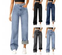 Wide Leg Jeans for Women UK Fleece Lined Stretch Jeans for Women Winter Warm Denim Joggers High Waist Ladies Lounge Pants with Pockets Loose Comfort Baggy Sweatpants Casual Everyday Denim Trousers
