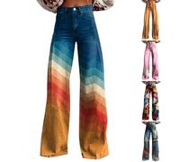 Wide Leg Jeans for Women UK High Waist Flower Print Flared Jeans Patterned Pants Lightweight Loose Fit Vintage 70S Retro Colorful Denim Trousers Imitation Lifting Washed Denim Jeans(A3-Blue,3XL)