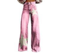 Wide Leg Jeans for Women UK High Waist Flower Print Flared Jeans Patterned Pants Lightweight Loose Fit Vintage 70S Retro Colorful Denim Trousers Imitation Lifting Washed Denim Jeans(A3-Pink,XXL)