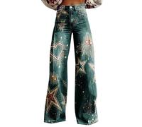 Wide Leg Jeans for Women UK High Waist Flower Print Flared Jeans Patterned Pants Lightweight Loose Fit Vintage 70S Retro Colorful Denim Trousers Imitation Lifting Washed Denim Jeans(A2-Green,3XL)