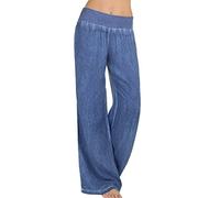 Wide Leg Jeans for Women UK Petite to Plus Size Ladies Elasticated Waist Pull On Comfy Casual Business Office Work Commute Pants Distressed Classic Full Length Denim Jean Pants Walking Trousers Blue