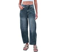 Wide Leg Jeans for Women UK Plus Size High Waist Baggy Jeans Soft Stretchy Jeans Barrel Horseshoe Boyfriend Fit Jeans Y2K Straight Baggy Denim Pants Cropped Raw Hem Denim Pants with Pockets