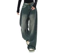 Wide Leg Jeans for Women UK Plus Size High Waist Baggy Jeans Soft Stretchy Jeans Barrel Horseshoe Boyfriend Fit Jeans Y2K Straight Baggy Denim Pants Cropped Raw Hem Denim Pants with Pockets