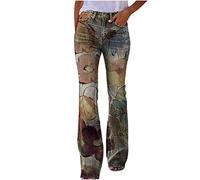 Wide Leg Jeans Womens 2025 Clearance Denim Printed Floral Graphic Trousers Elastic Waist Palazzo Pants Casual Loose Lounge Zipper Trousers with 2 Pockets Vintage Straight Leg Joggers Work Office Pants