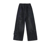 Wide Leg Jeans Y2K Kids Girls Star Baggy Denim Trouser for Teenage Girls Loose Fit Elastic Waist Stretchy Casual Sport Athletic Vacation Streetwear Pants Age 4-14 Years (Black #1, 11-12 Years)