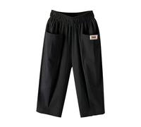 Wide Leg Linen Cropped Trousers for Women UK Womens Summer Casual Elasticated Waist 3/4 Length Trouser Pockets Loose Plus Size Lightweight Breathable Clothing Oversize Baggy Fashion Lounge Pant Black