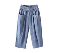 Wide Leg Linen Cropped Trousers for Women UK Womens Summer Casual Elasticated Waist 3/4 Length Trouser Pockets Loose Plus Size Lightweight Breathable Clothing Oversize Baggy Fashion Lounge Pant Blue