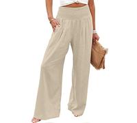 Wide Leg Linen Pants for Women UK Sale Clearance Plus Size Elastic Waist Casual Palazzo Pants Summer Beach Pants Loose Fit Trendy Pants Comfy Cotton Trousers with Pockets