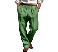 Wide Leg Linen Trousers for Men Belt Loops Waist with Pockets Loose Fit Solid Color Versatile Casual Pants for Summer Beach Holiday & Daily Wear (Green, L)