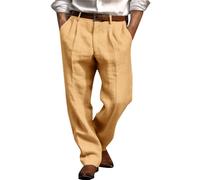 Wide Leg Linen Trousers for Men Belt Loops Waist with Pockets Loose Fit Solid Color Versatile Casual Pants for Summer Beach Holiday & Daily Wear (Khaki, XXXL)
