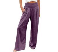Wide Leg Linen Trousers for Women UK Elasticated Waist Palazzo Trousers for Women Plus Size Solid Color Loose Comfortable Ladies Lounge Pants with Pockets Lightweight Casual Holiday Joggers Purple