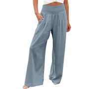 Wide Leg Linen Trousers for Women UK High Waisted Plicated Flowy Solid Palazzo Casual Soft Baggy Cotton Harem Yoga Pilates Pants with Pockets Summer Ladies Plus Size Flared Boho Hippie Beach Trousers