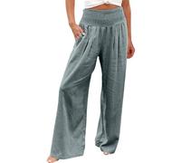 Wide Leg Linen Trousers for Women UK High Waisted Plicated Flowy Solid Palazzo Casual Soft Baggy Cotton Harem Yoga Pilates Pants with Pockets Summer Ladies Plus Size Flared Boho Hippie Beach Trousers