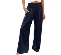 Wide Leg Linen Trousers for Women UK High Waisted Plicated Flowy Solid Palazzo Casual Soft Baggy Cotton Harem Yoga Pilates Pants with Pockets Summer Ladies Plus Size Flared Boho Hippie Beach Trousers