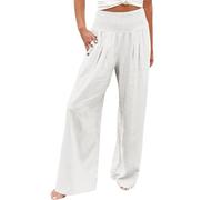 Wide Leg Linen Trousers for Women UK Ladies Solid Color Loose Comfortable Lounge Pants with Pockets Plus Size Lightweight Casual Holiday Joggers Elasticated Waist Palazzo Trousers Lounge Wear White