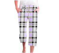 Wide Leg Linen Trousers Women Plaid Printing 3/4 Trousers Straight High Waist Trousers Drawstring Checked Linen Pants Summer Boho Lounge Sweatpant Loose Comfy Palazzo Trouser with Pocket UK Size 8-18